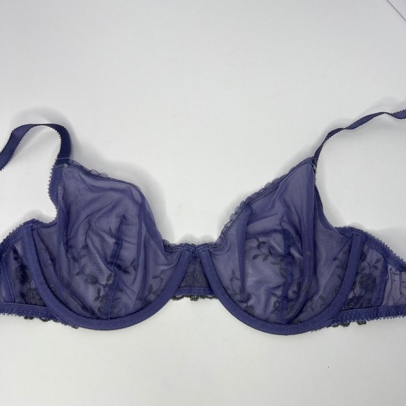 Purple Mesh Embroidered Underwire Bra 36D Floral Lace Unlined Sheer Fairy - Picture 5 of 7